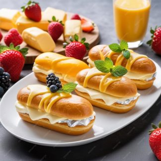 Mini eclairs with colorful cheeses and fruits